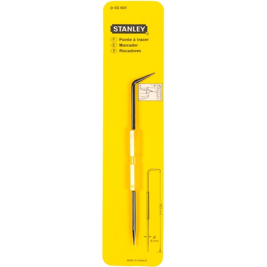 STANLEY 0-03-601 marking point tool on yellow card, straight and angled metal tip, product photography, front view.