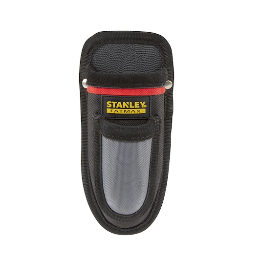 Photo of STANLEY 0-10-028 utility knife pouch, black and gray fabric, front angle on white background.