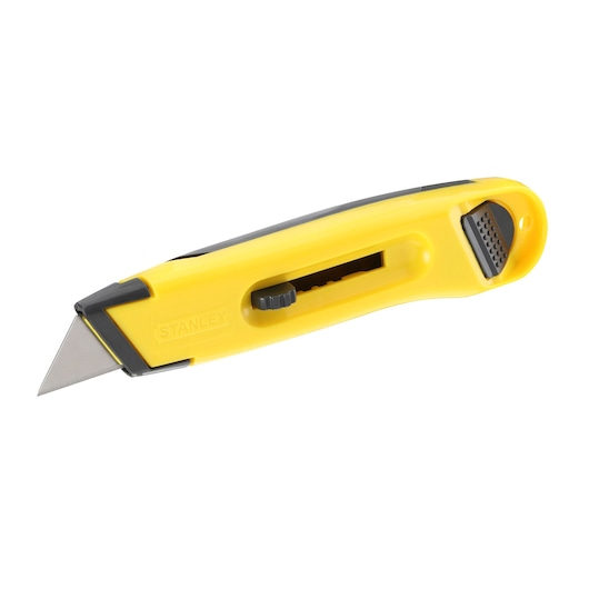 STANLEY 0-10-088 utility knife with retractable blade, yellow and black, side view on white background.