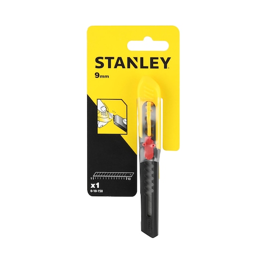 STANLEY 0-10-150 utility knife, 9mm, in black and yellow blister packaging, front view, photography.
