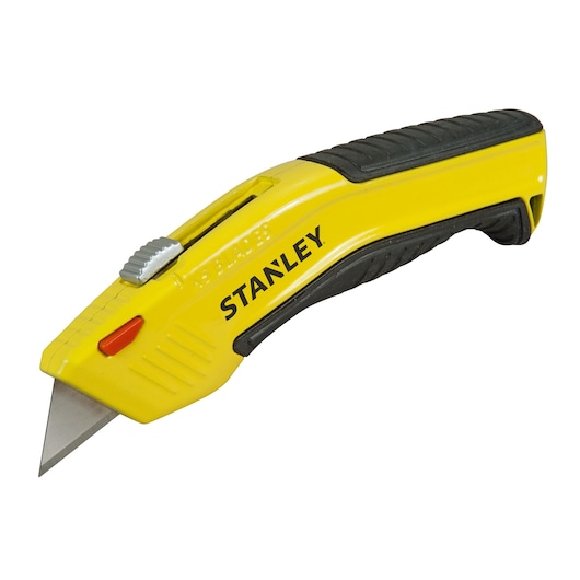STANLEY 0-10-237 utility knife with yellow and black handle, side view on white background.