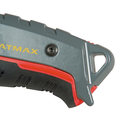 STANLEY 0-10-242 utility knife handle, close-up, grey and black with red accents, photography.