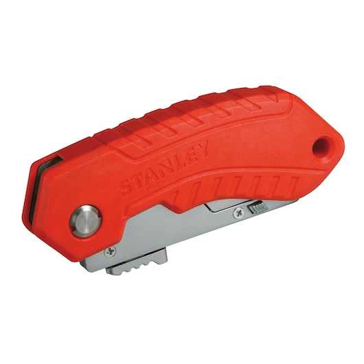 STANLEY 0-10-243 folding utility knife with red textured handle, product side view, photography.