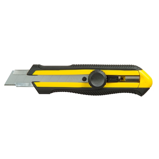 STANLEY 0-10-417 utility knife, yellow and black, side angle on white background, retractable segmented blade.