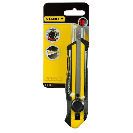 STANLEY 0-10-417 utility knife in packaging, yellow and black, front view, 18mm blade.