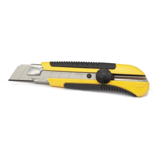 STANLEY 0-10-425 utility knife with yellow and black handle, side view on white background.