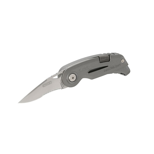 Photo of STANLEY 0-10-813 folding utility knife with partially serrated silver blade and grey handle, side angle.