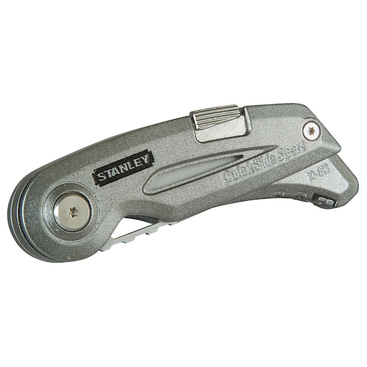 STANLEY 0-10-813 folding utility knife, grey metal, closed side view on white background.