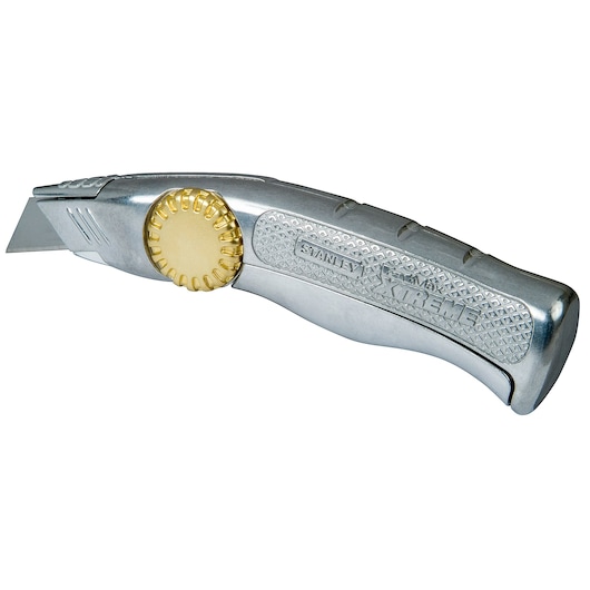 STANLEY 0-10-818 utility knife with silver textured handle and gold adjustment wheel, side view on white background.