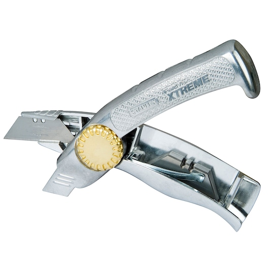 STANLEY 0-10-818 utility knife with textured handle and exposed blade, side view on white background.