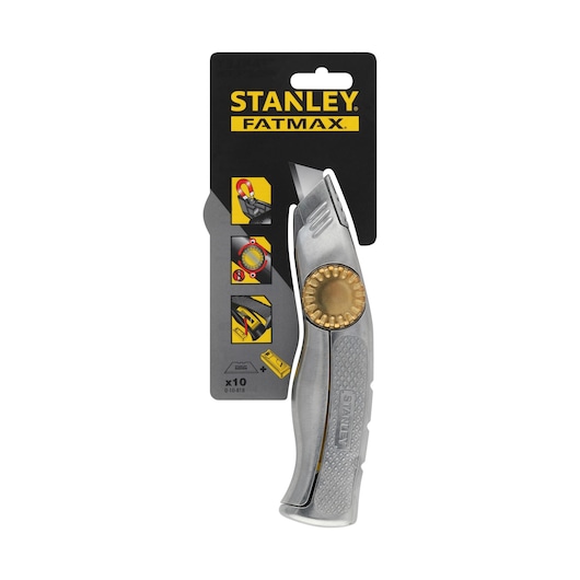 STANLEY 0-10-818 utility knife FATMAX, silver with brass wheel, front angle on white background.