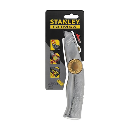 STANLEY 0-10-819 utility knife, silver with brass wheel, FATMAX packaging, front view on white background.