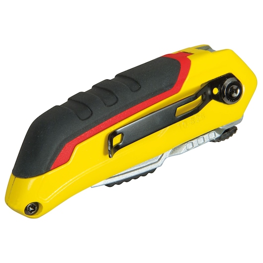 STANLEY 0-10-825 utility knife with yellow, black, and red body, side profile on white background.