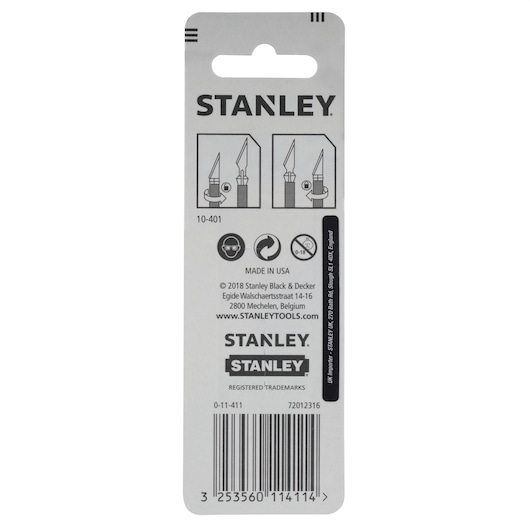 Photo of STANLEY 0-11-411 utility blades packaging backside, with instructions, branding, and barcode visible.