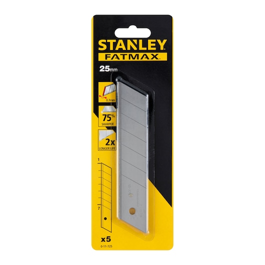 STANLEY FATMAX 0-11-725 25mm snap-off utility blades pack of five, front angle on white background.