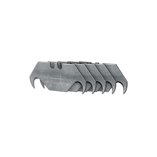 STANLEY 0-11-983 hook utility blades, set of five, silver steel, front angle on white background.