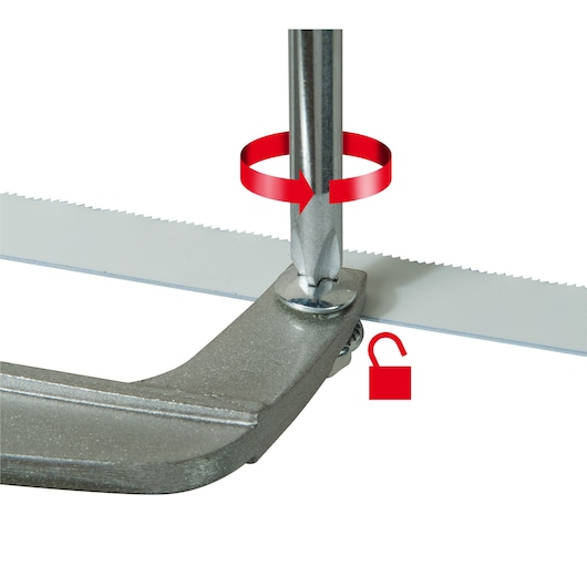 STANLEY 0-15-211 coping saw close-up showing blade tightening mechanism with red unlock symbol on white background.