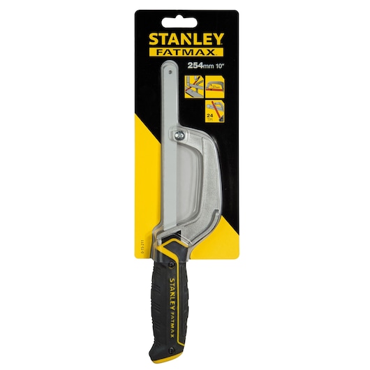 Stanley 0-15-211 FatMax 254mm tenon saw with ergonomic black and yellow handle, front packaging view.