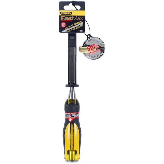 STANLEY 0-16-254 FatMax chisel, 12 mm, yellow and black handle, front view on white background.