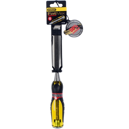 Stanley 0-16-260 chisel with yellow and black handle, FatMax branding, photography front view on white background.