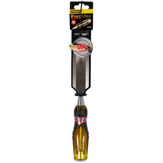 Stanley 0-16-264 FatMax chisel, photography, front view, black and yellow handle, packaging visible