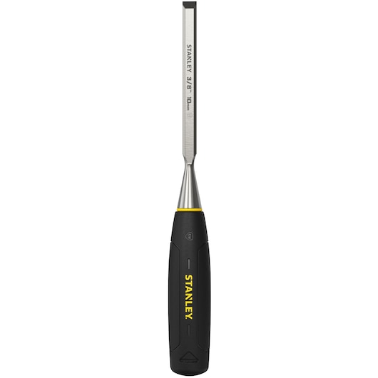 STANLEY 0-16-539 chisel with blue handle and beveled steel blade, product side angle on white background.