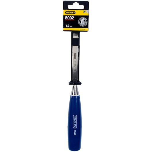 STANLEY 0-16-540 chisel with blue handle, 12mm blade, front angle product photography.