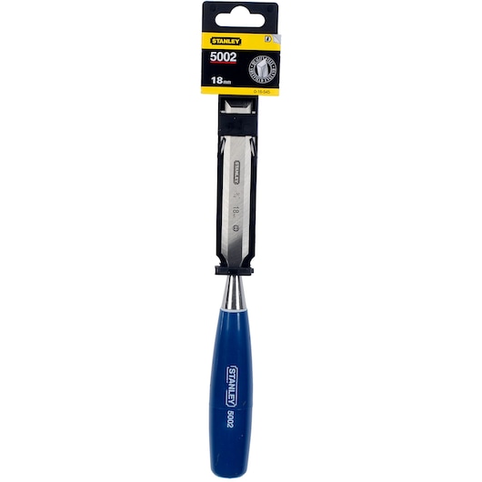 STANLEY 0-16-545 wood chisel with blue handle, 18mm blade, front angle, white background.