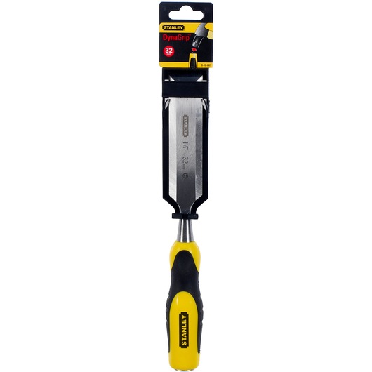 STANLEY 0-16-881 woodworking chisel with DynaGrip handle, 32mm blade, front view on white background.
