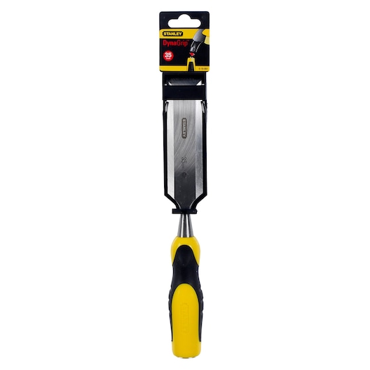 STANLEY 0-16-891 chisel with yellow and black DynaGrip handle, straight-on view on white background.