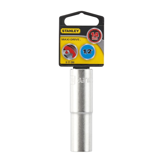 Photo of STANLEY 0-17-280 14mm Maxi-Drive socket, silver color, vertical view on white background.