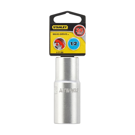 STANLEY 0-17-289 24mm socket, silver, front view on white background.