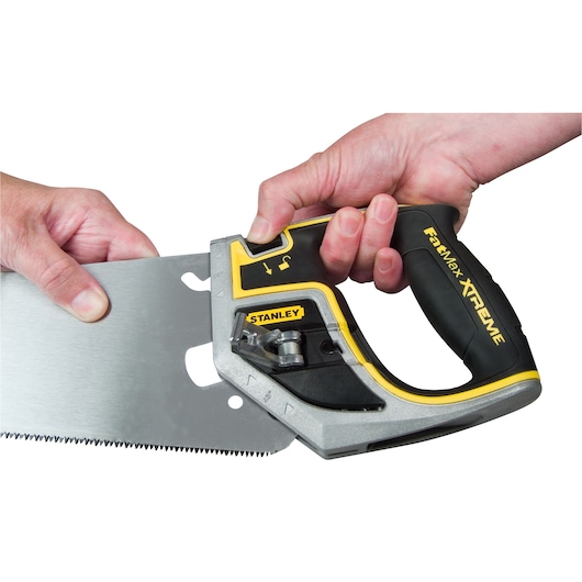STANLEY 0-20-104 hand saw with ergonomic handle, close-up front angle on white background.
