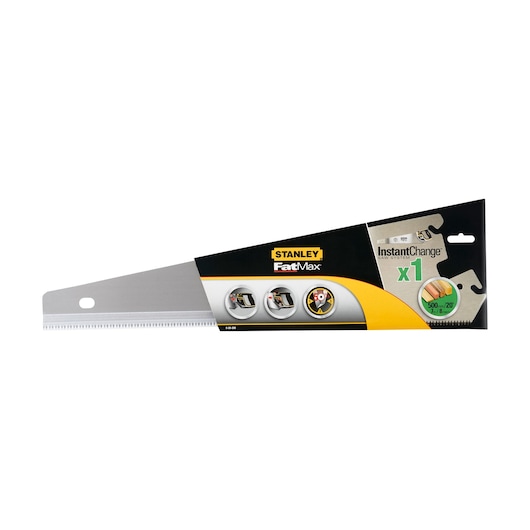 STANLEY 0-20-200 FatMax saw blade, silver with black and yellow packaging, front angle, photography.