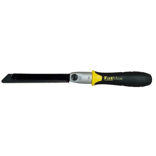 STANLEY 0-20-220 FatMax folding jab saw with black serrated blade and black-yellow handle, side view on white background.