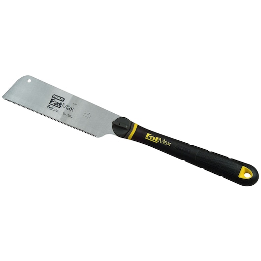 STANLEY 0-20-500 hand saw FatMax Pull Saw with black and yellow ergonomic handle, right-side view on white background.