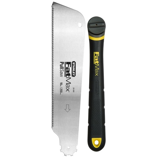 STANLEY 0-20-500 pull saw with FatMax branding, silver blade and black ergonomic handle, white background, front view.