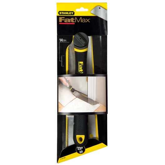 STANLEY 0-20-500 handsaw FatMax with black and yellow handle, 14 TPI, packaged, front angle.