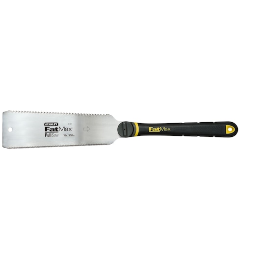 STANLEY 0-20-501 FatMax Pull Saw with black and yellow handle, side angle on white background.