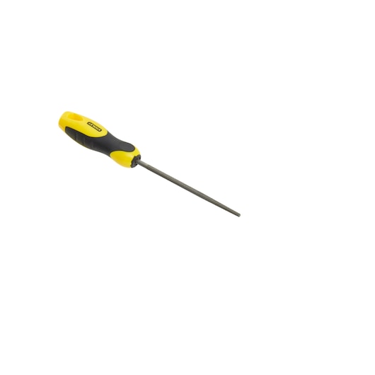 Photo of STANLEY 0-22-442 round file with yellow and black ergonomic handle, side angle, on white background.