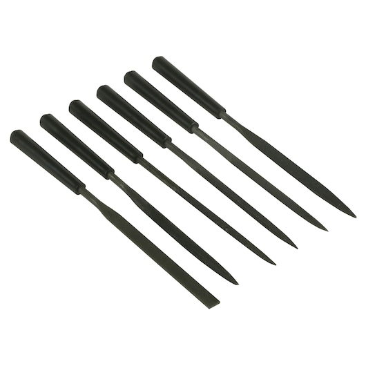 Set of six metal needle files with black handles, arranged in a row for precision filing tasks.