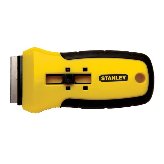 STANLEY 0-28-217 heavy-duty yellow and black scraper with ergonomic handle, top view, photography.