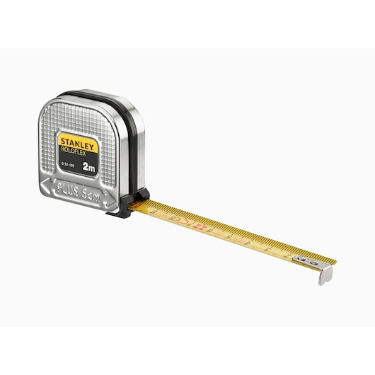 Stanley Roloflex 2m tape measure with metal case and yellow measuring tape extended.
