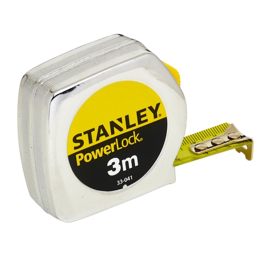 Stanley PowerLock 3m measuring tape with yellow blade and metal casing.