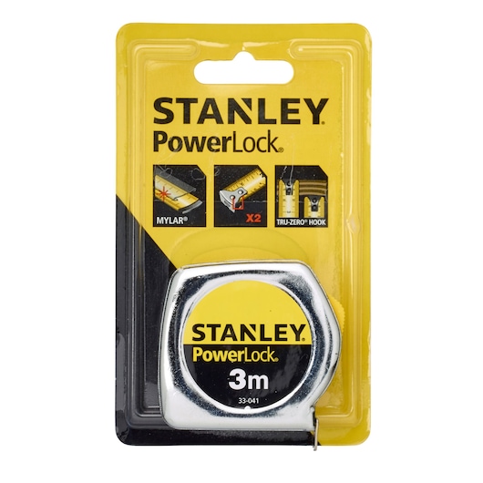 STANLEY PowerLock 3m tape measure, SKU 0-33-041, front packaging photo with yellow and black branding.