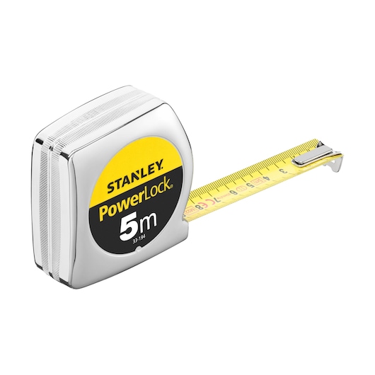 Photo of STANLEY 0-33-194 PowerLock 5m tape measure, chrome case, extended yellow blade, angled view.