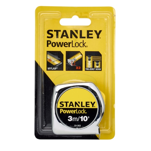 STANLEY 0-33-203 PowerLock tape measure, 3m/10ft, chrome case with yellow and black label, front packaging view.