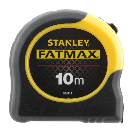 STANLEY 0-33-811 FATMAX 10m tape measure, black and yellow casing, product front view, white background.