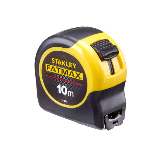 STANLEY FATMAX 0-33-811 tape measure, 10m length, black and yellow case, front angle on white background.