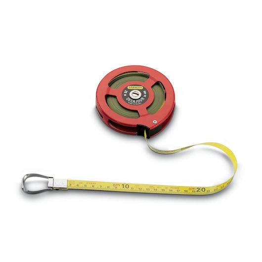 Photo of STANLEY 0-34-406 open reel measuring tape, 20m, yellow tape with metal hook, top angle on white background.